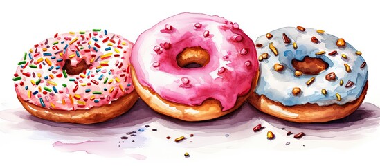 An illustration in watercolor style portraying three different types of donuts drawn by hand