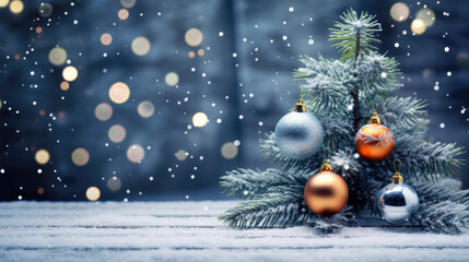 Naklejka na ściany i meble Beautiful decorated Christmas tree in a snowed cold winter landscape.