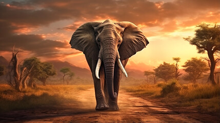 elephant in the savannah desert desktop wallpaper - obrazy, fototapety, plakaty