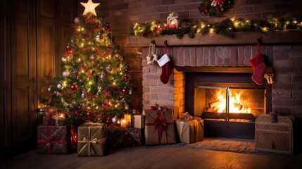 Fototapeta na wymiar Decorated Christmas Tree Near Fireplace at Home