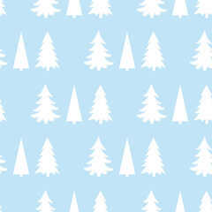 Obraz premium New Year seamless pattern of white fir trees on a blue background