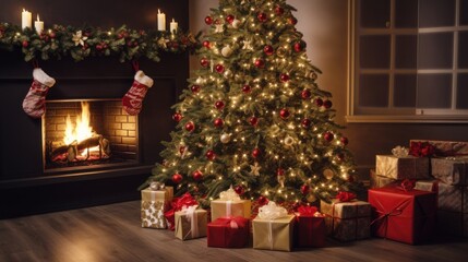 Decorated Christmas Tree Near Fireplace at Home