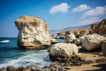 Cyprus coast features big rocks throughout the day. Generative AI