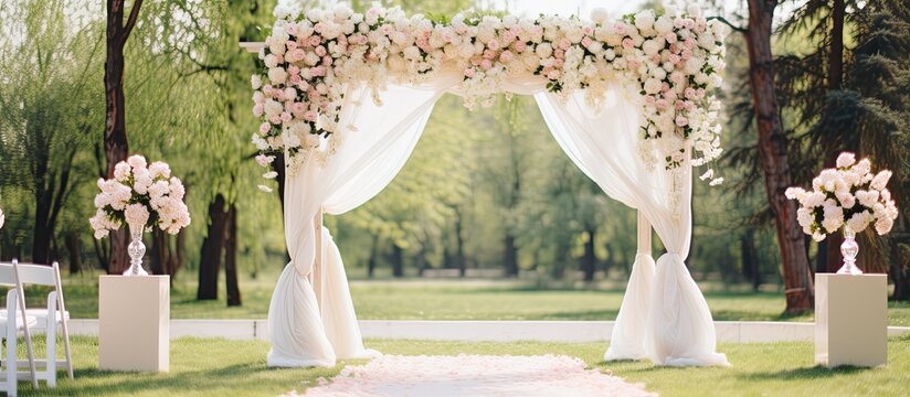 Outdoor garden venue with floral arch and seating for wedding ceremony