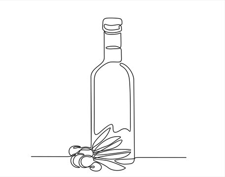 recommend clip art: Olive oil in continuous line art drawing style. Glass bottle jug and olive tree branch with fruits and leaves minimalist black linear sketch isolated on white background. Vector illustration