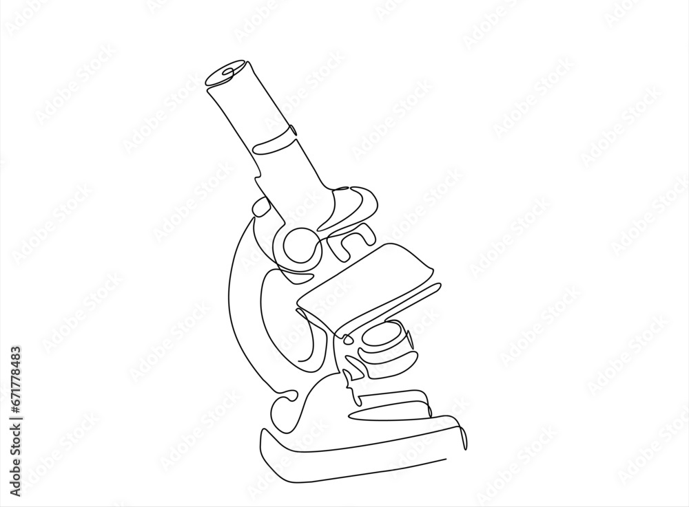Poster continuous one line drawing of microscope laboratory. microscope line art vector illustration. resea