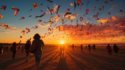 A stunning panoramic view of a kite-filled sky, with kites of all colors and patterns against the golden hues of sunset