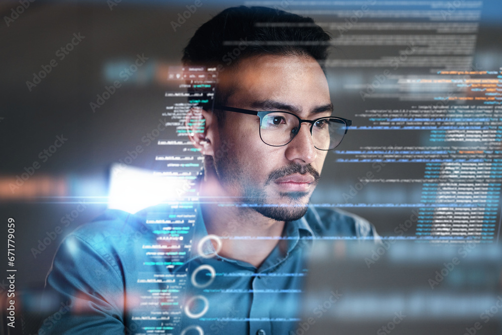 Poster Programming coding and man with focus, hologram and trading with cyber security, futuristic and research. Male person, investor and employee with data analysis, server or investment with website info