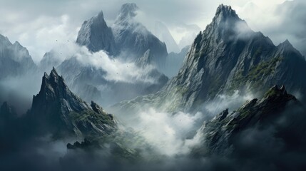  a digital painting of a mountain landscape with fog and low lying clouds in the foreground and a bird flying over the top of the mountain.  generative ai
