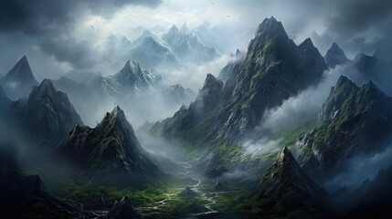  a painting of a mountain landscape with a river in the foreground and fog in the sky in the background.  generative ai - obrazy, fototapety, plakaty