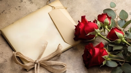 Wedding or Valentine's Day concept, red roses next to a wrapped gift with a bow.