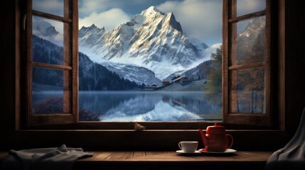 Fototapeta premium a window with a view of a mountain range and a lake with a red teapot on a saucer. generative ai