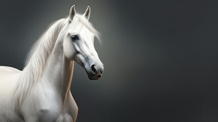 Obraz na płótnie Canvas a white horse standing in front of a dark background with its head turned to the side and it's head turned to the side. generative ai