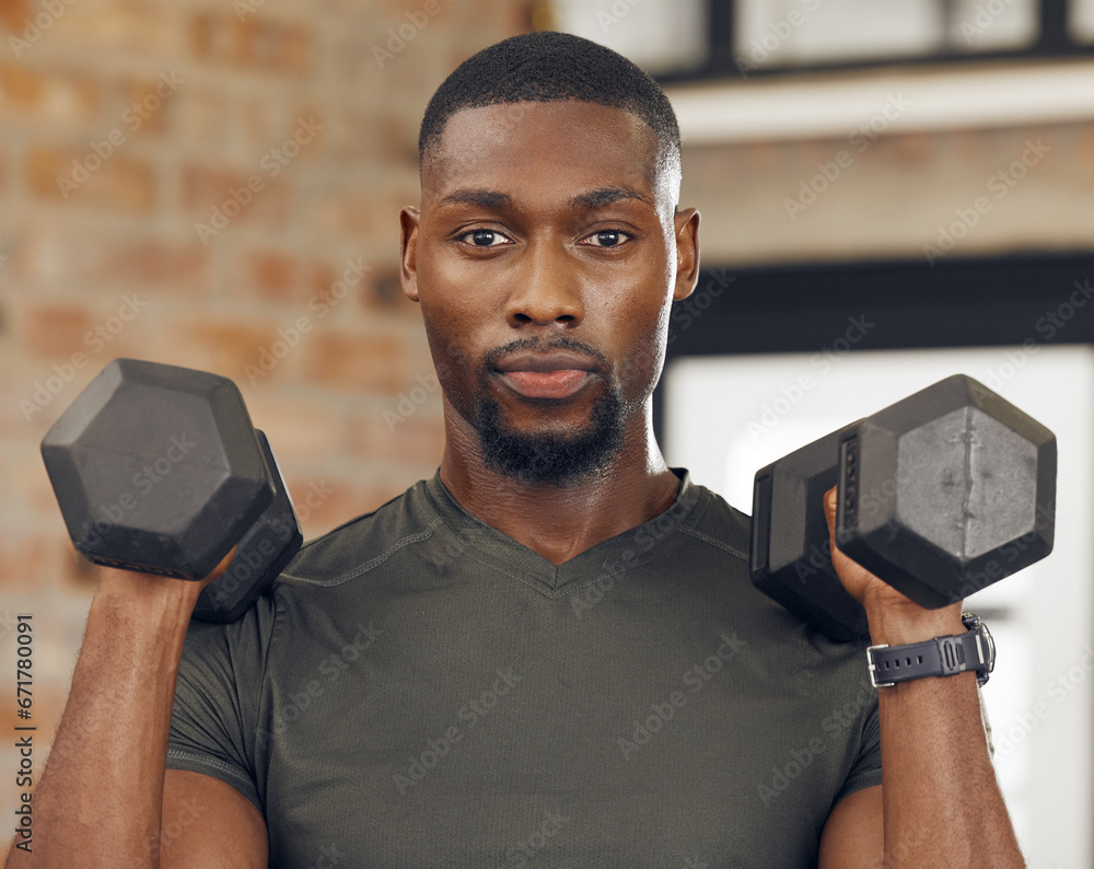 Sticker Black man, gym weights and serious face portrait of a sports person or athlete ready for fitness. Training, workout and exercise motivation of a strong bodybuilder in a wellness studio for health