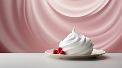  a white plate topped with a whipped cream sundae covered in raspberries next to a pink satin background.  generative ai - obrazy, fototapety, plakaty