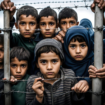 Children in Refugee Camp Behind Barbed Wire: Hope Amid Adversity. generative AI