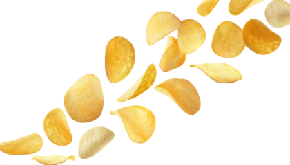 Flying ripple potato chips. potato fry isolated on transparent background, clipping path, full depth of field