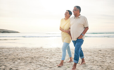 Love, walking and senior couple at the beach happy, relax and bond in nature together. Ocean,...