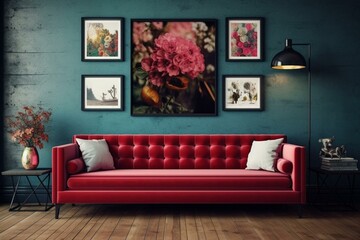 Contemporary decor, crimson couch, picture frames atop wooden flooring. Generative AI