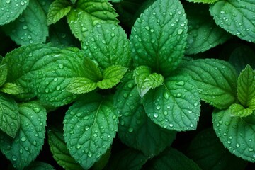 Vibrant, refreshing mint leaves covered in glistening dewdrops. Overhead view. Generative AI - obrazy, fototapety, plakaty