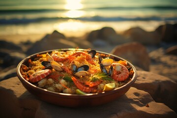 Spanish paella with seafood on beach in Spain. Generative AI