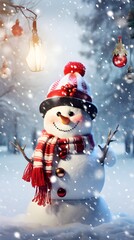 Obraz premium Intricate Detailed Adorable Christmas Snowman - Photorealistic Digital Art with Winter Backlighting