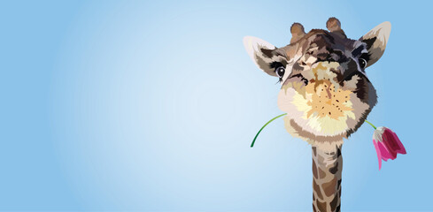 Cute giraffe, flower in the mouth, background, beautiful animal
