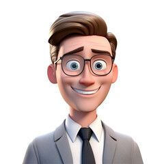 3D icon avatar of the smiling and happy businessman. The cute cartoon close-up portrait is isolated on a transparent background. Generative AI.