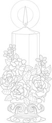 Realistic seasonal mix flower bouquet with candle sketch template. Graphic vector illustration in black and white for games, background, pattern, decor. Coloring paper, page, story book, print