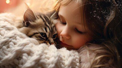 A cute girl in a knitted sweater hugs a little kitten an against the background of Christmas lights. Friendship between children and animals.