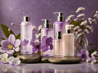spa still life with violet flowers. soap, cream and shampoo bottles