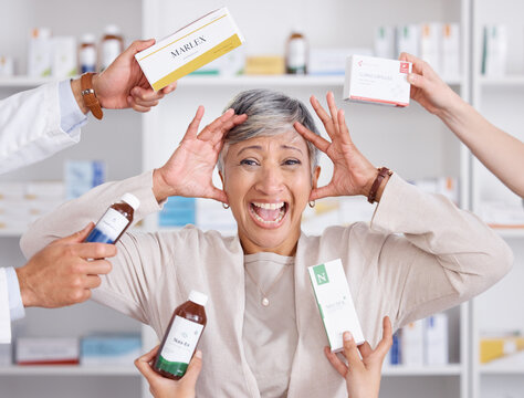 Healthcare, stress and senior woman with medication for a sickness, flu or cold at pharmacy. Crazy, burnout and portrait of mature female person shouting or screaming with medicine options in clinic