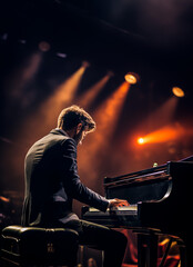 Piano man or man playing a piano on a stage with spotlights and smoke.  Shallow field of view. - obrazy, fototapety, plakaty