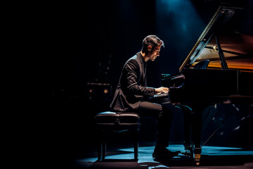 Fototapeta na wymiar Piano man or man playing a piano on a stage with spotlights and smoke. Shallow field of view.