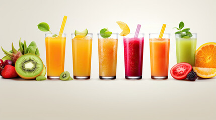 Set of refreshing cocktails with fruits, featuring watermelon, orange, and apple.