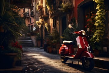 A vintage Vespa scooter navigating a charming Italian alleyway.