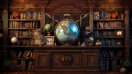 a vintage geographical globe placed on a wooden cabinet surrounded by bookshelves filled with old books.