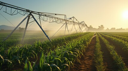 industrial irrigation of a huge corn field, a complex system of pipes, pumps and sprinklers distributing water - obrazy, fototapety, plakaty