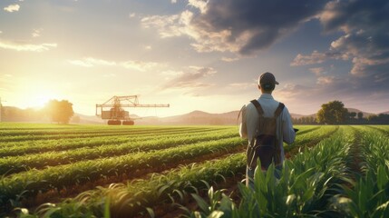 Fototapeta premium male agronomist working in a sunlit field, actively engaged in checking crops, using agricultural equipment
