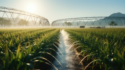 industrial irrigation of a huge corn field, a complex system of pipes, pumps and sprinklers distributing water - obrazy, fototapety, plakaty