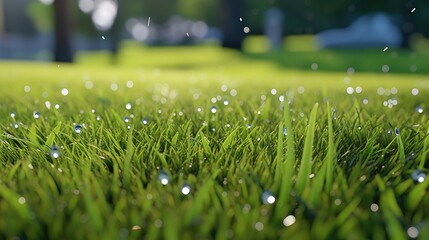 the water droplets, making the lawn appear lush and in the background.