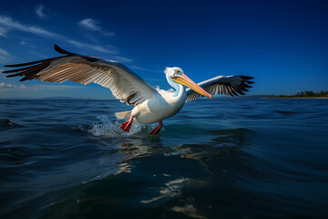 Fototapeta na wymiar graceful pelican gliding over tranquil waters