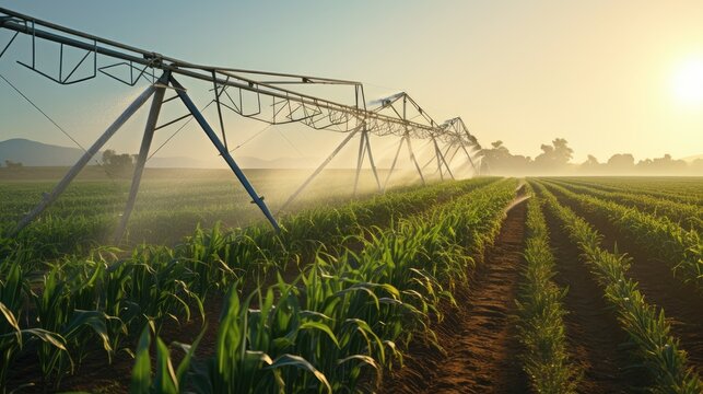 industrial irrigation of a huge corn field, a complex system of pipes, pumps and sprinklers distributing water