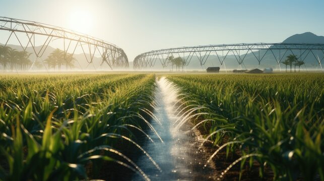 industrial irrigation of a huge corn field, a complex system of pipes, pumps and sprinklers distributing water