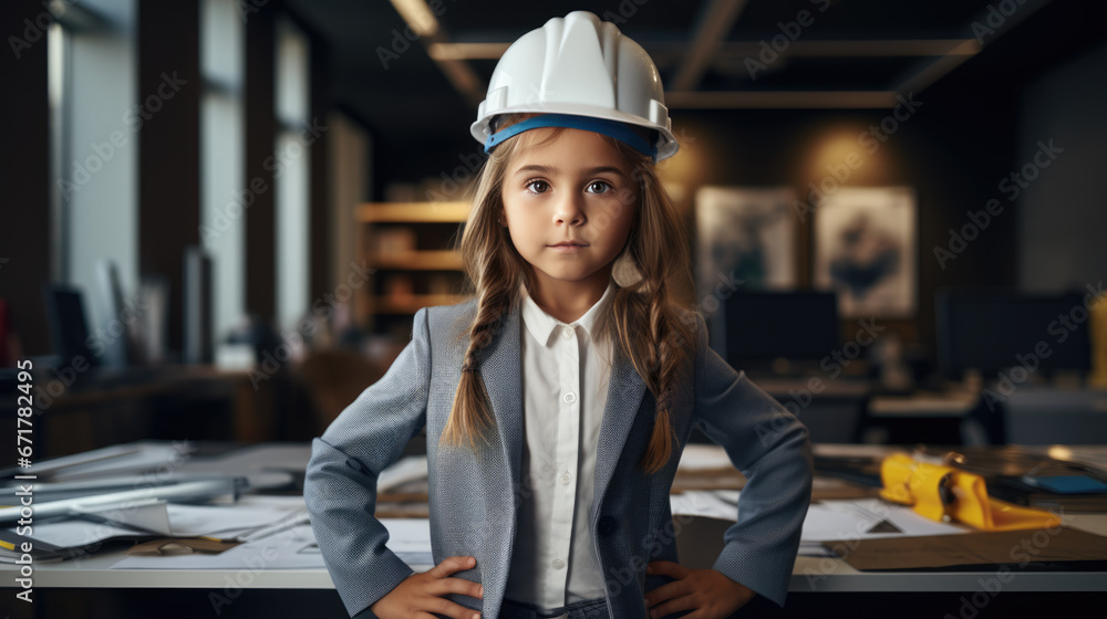 Poster portrait of a little girl looking like an engineer or architect wearing a helmet with blueprints on 