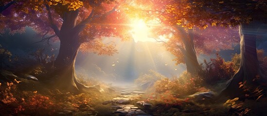Enchanted autumn scenery with dreamy colors sun rays through misty forest path