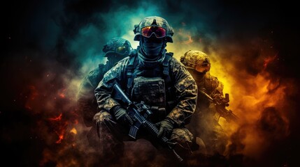 Three soldiers in full combat gear standing together with carrying guns. Private military company servicemen. Brothers in arms. War conflict combatants. Special Forces in the smoke. Army concept.