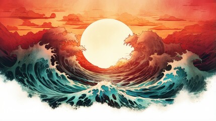 A rough and heavy sea in a thunderstorm. Large crashing ocean wave with white foam at sunset of the day. Digital art in watercolor style. Illustration for for cover, card, postcard, interior design. - obrazy, fototapety, plakaty