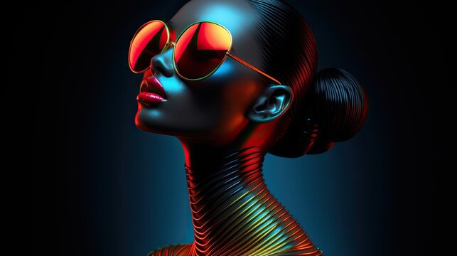 Around the neck of the female afro model is an accessory in the form of metal rings. Dark-skinned girl with sunglasses and red lipstick on her lips in profile. Illustration for cover, interior design.