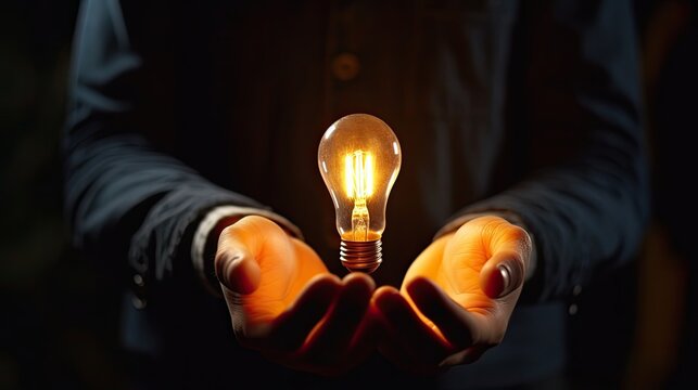 A warm glowing light bulb floats in the open folded palms of a man. Success, leadership, achievement, idea and concept of purpose. Technological illustration for banner, poster, cover, brochure, etc.